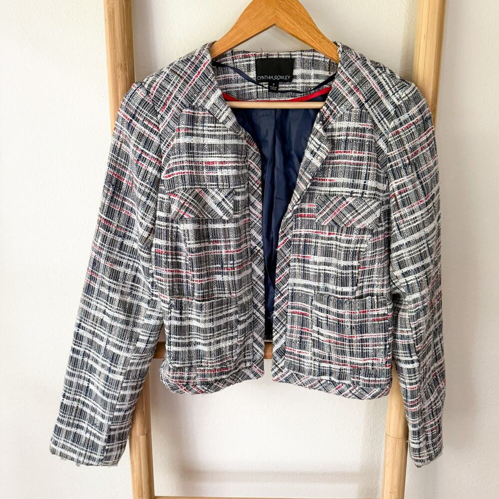 Cynthia Rowley Tweed Cropped Blazer Jacket Plaid Red Blue Womens Size Small